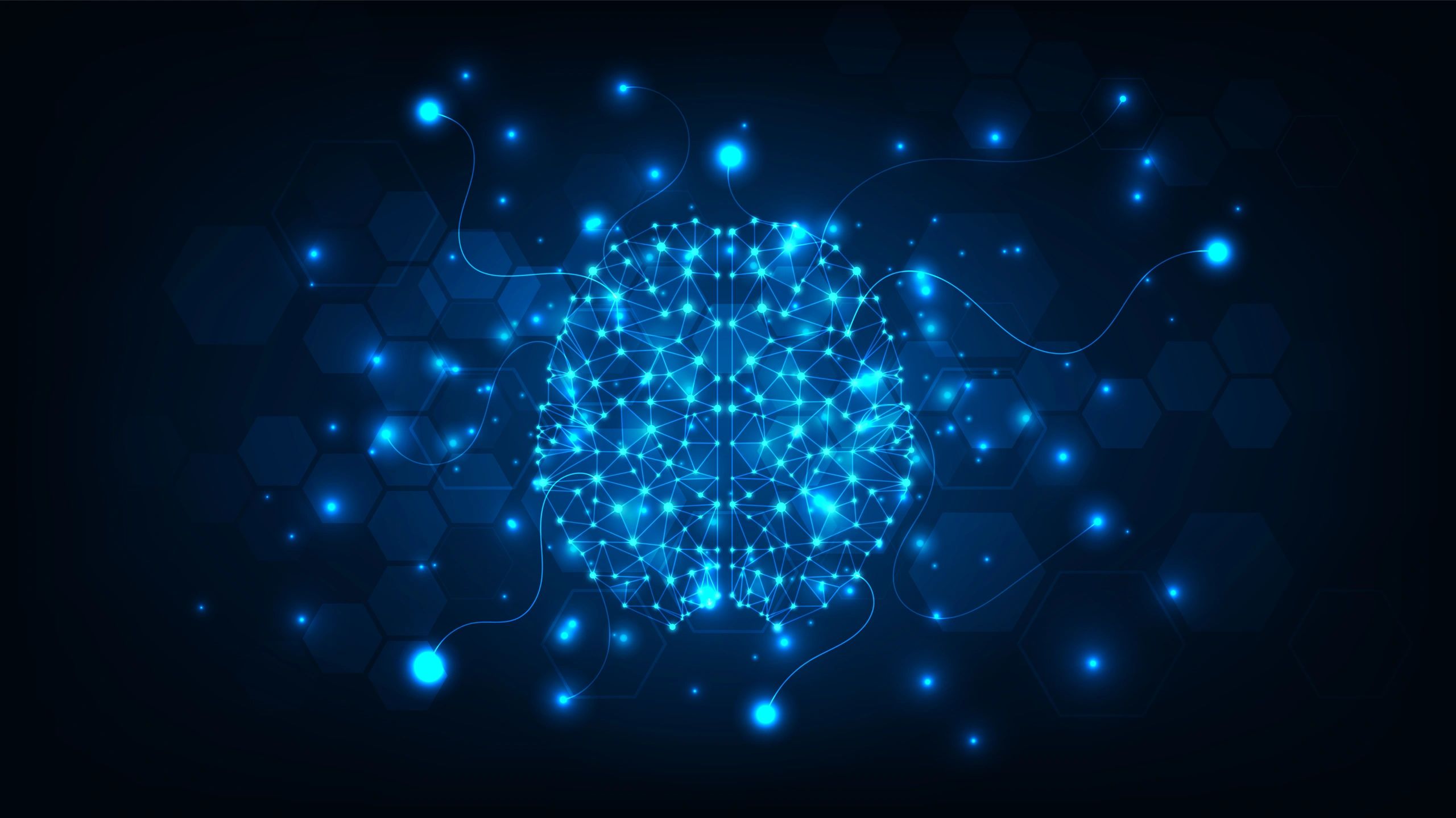 Glowing hologram brain on a blue and purple technology background