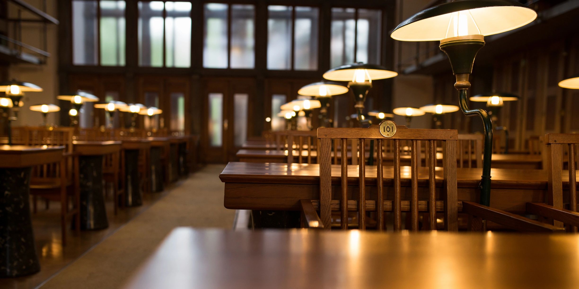 Dark old library interior with towering shelves